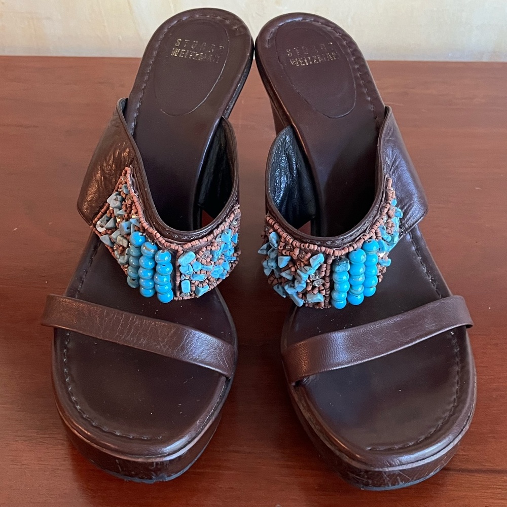 Stuart Weitzman Wooden and Leather Turquoise Beaded Sandals Size 8 1/2 M